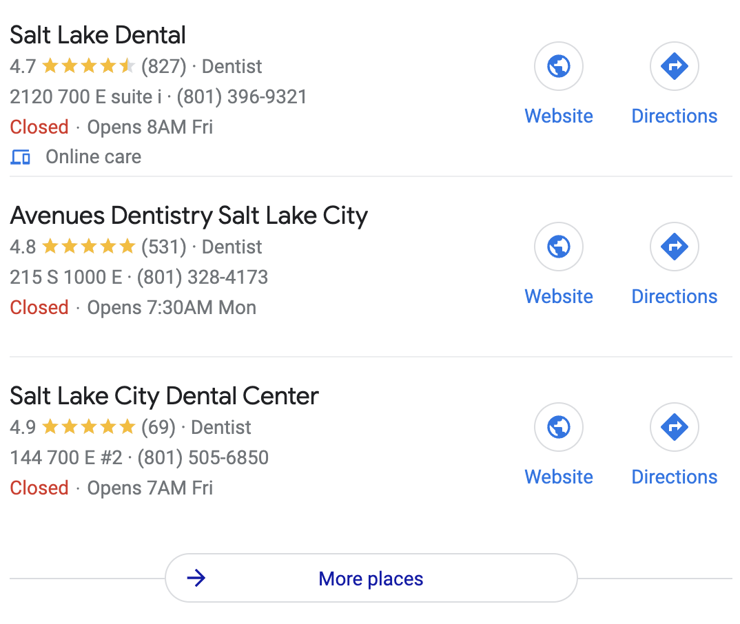 Local Pack that shows 3-5 businesses with data pulled from Google.i