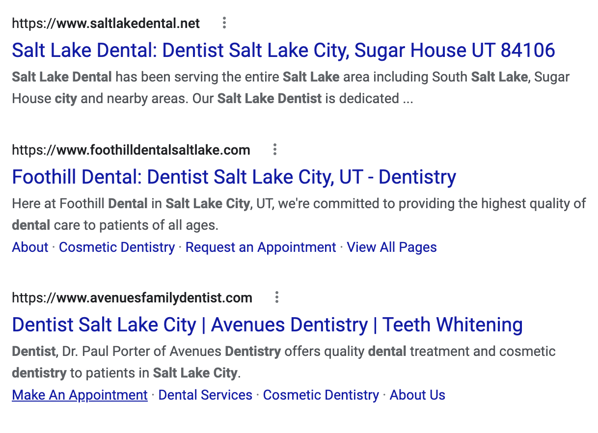 Traditional organic results that require the user to visit the website and evaluate from there.