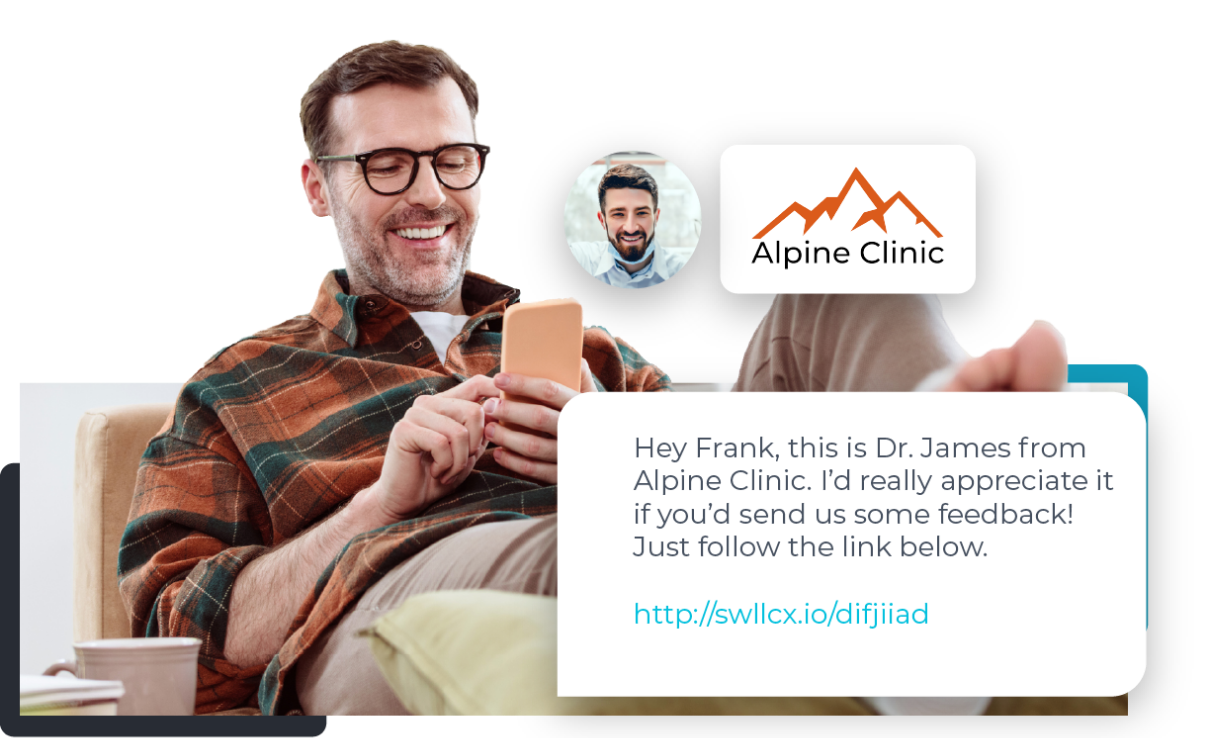 Man sitting on couch looking at his smartphone reading a text message from a doctor requesting feedback.