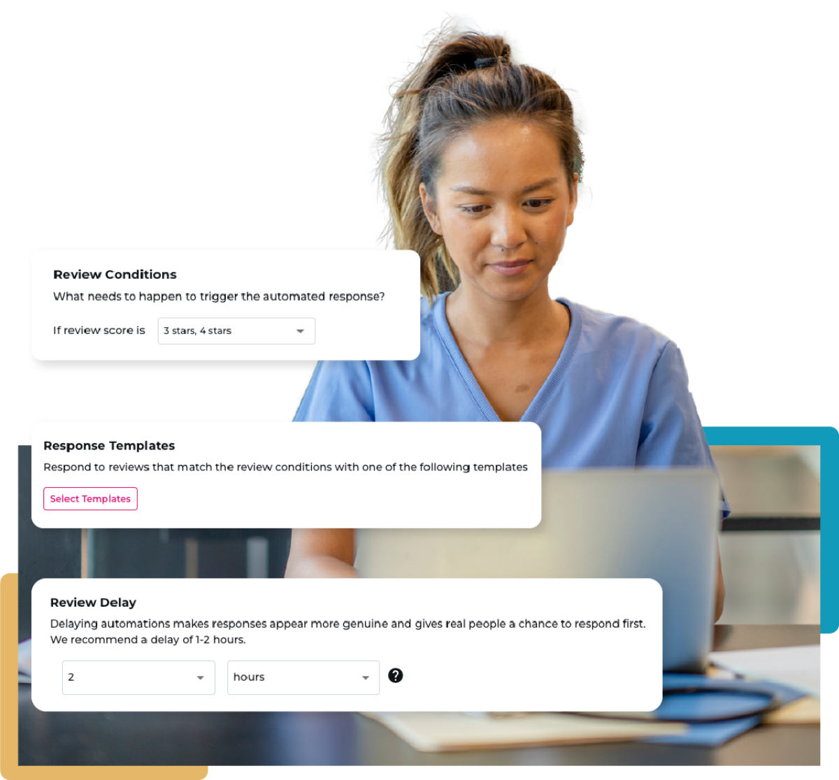 A female nurse, looking at her laptop, creating a text message reply template.