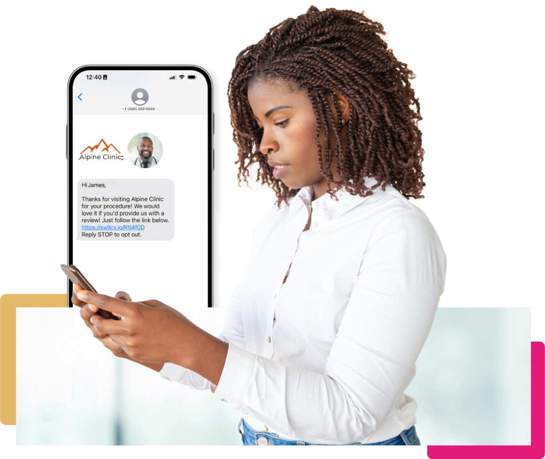A woman looking at a personalized text message a doctor sent requesting her to leave a review.