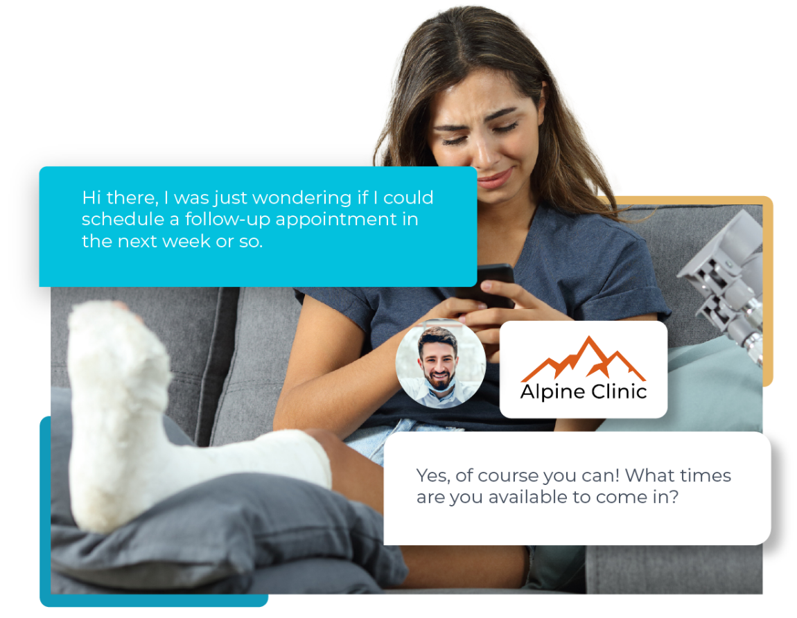 A woman sitting on her couch, with a bandage/cast around her leg, responding to a text message her doctor sent, asking if she could set up a follow up appointment.