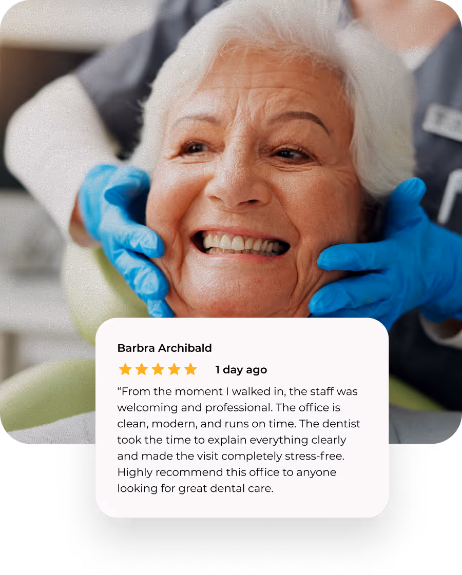 A patient at the dentist and a review is pictured telling us how the experience was.