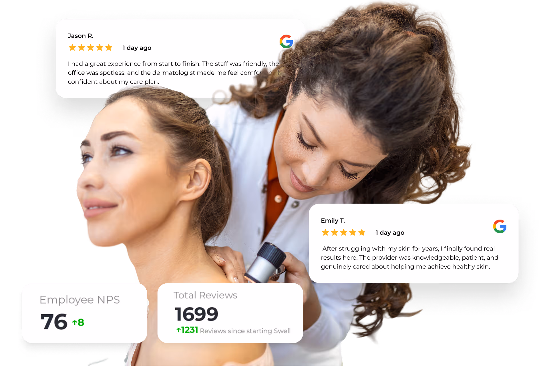 A dermatologist examining a patient. A UI review is placed to let us know how she did.