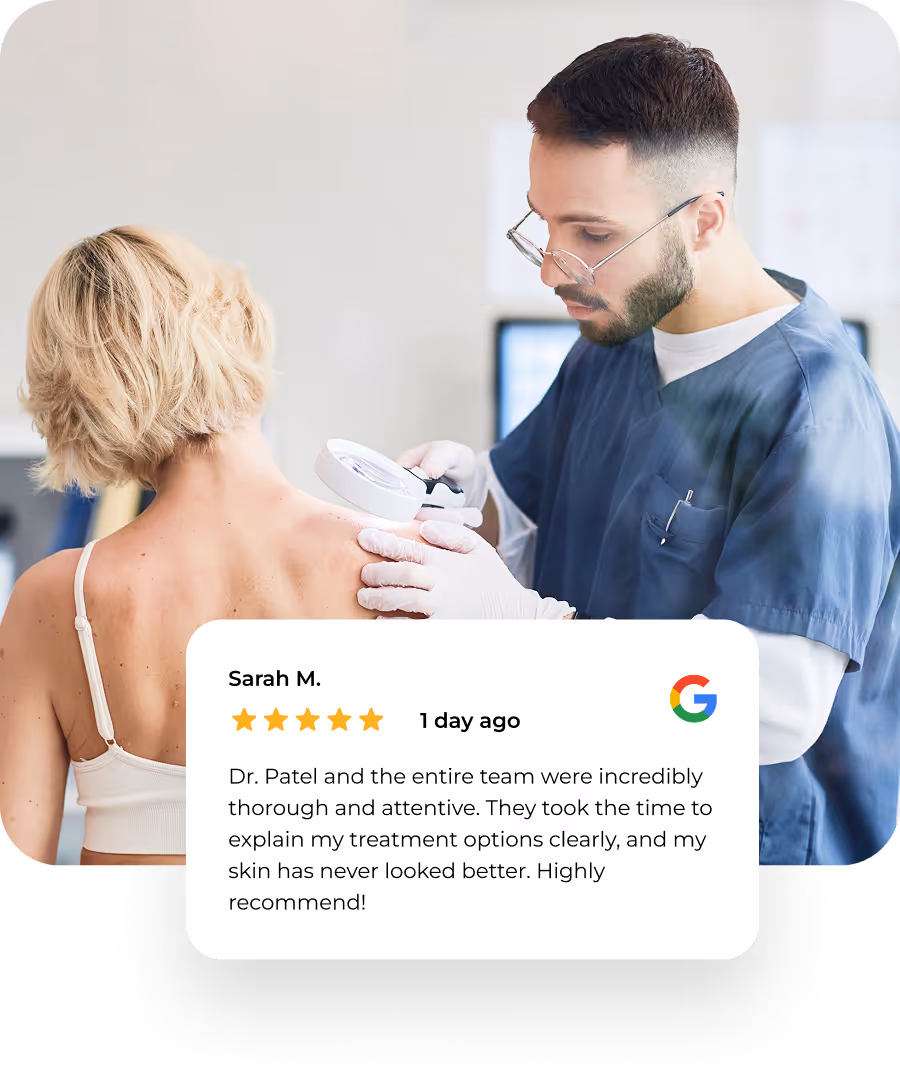 A dermatologist is examining a patient. A review UI overlay tells us how he is doing.