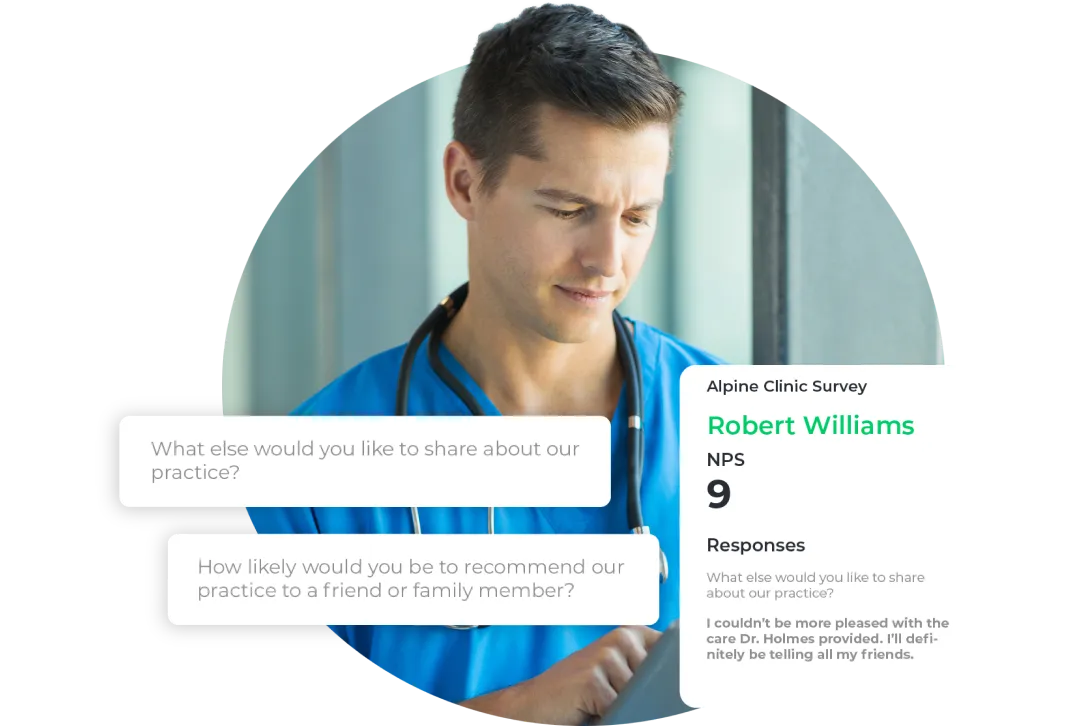 Male doctor in blue scrubs with a stethoscope looking at a tablet screen, with overlaid patient feedback survey showing a 9 NPS score for Robert Williams and positive comments about Dr. Holmes' care.
