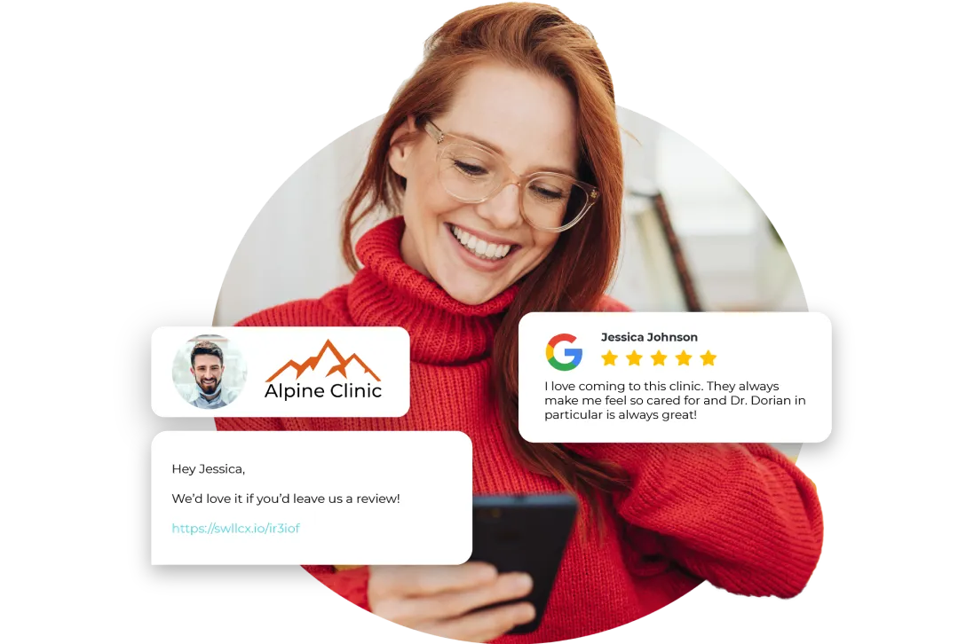Smiling woman with red hair and glasses in red sweater looking at smartphone with overlay of positive clinic review and request to leave a review.