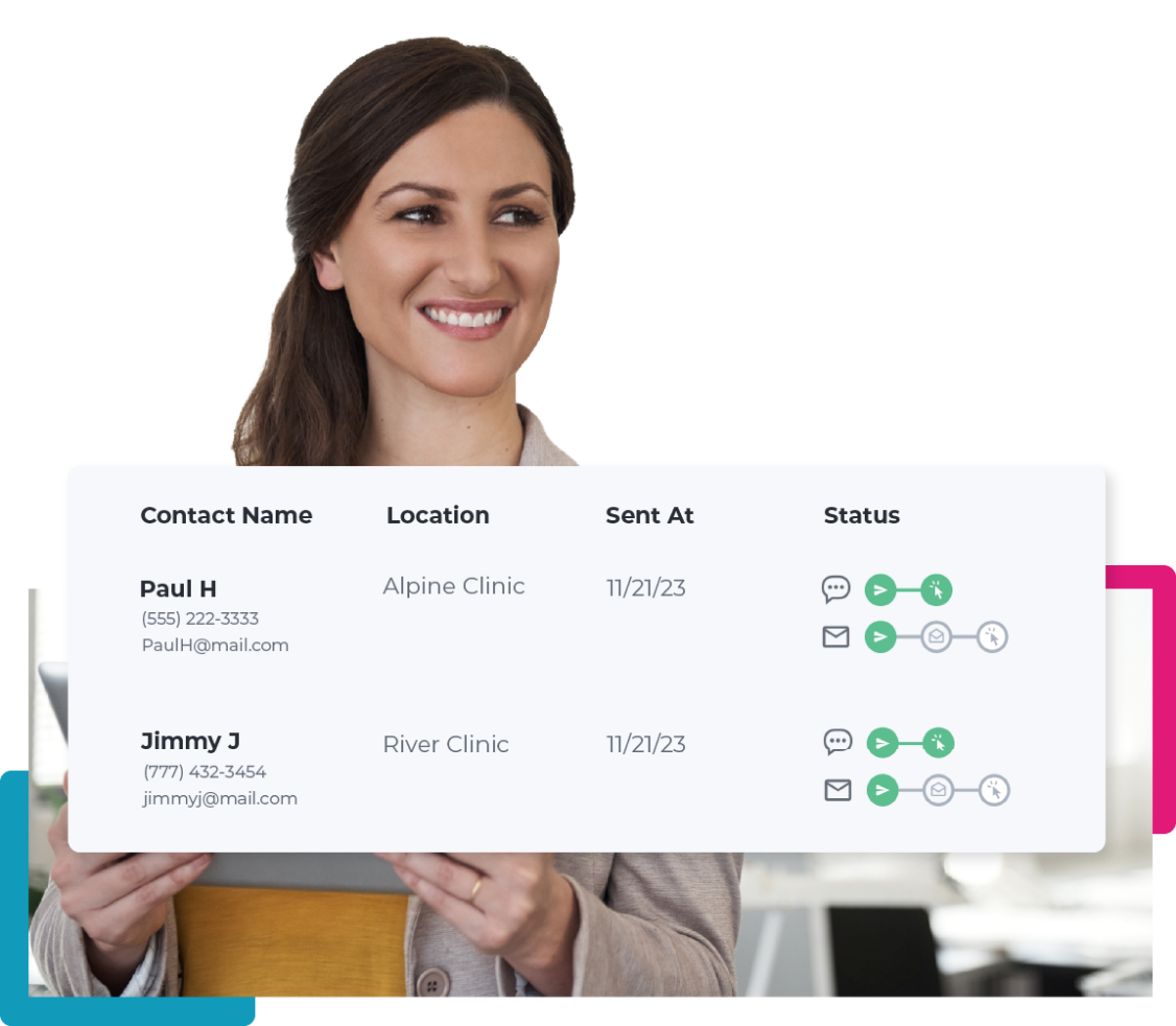A woman holding an ipad that shows the status of each review