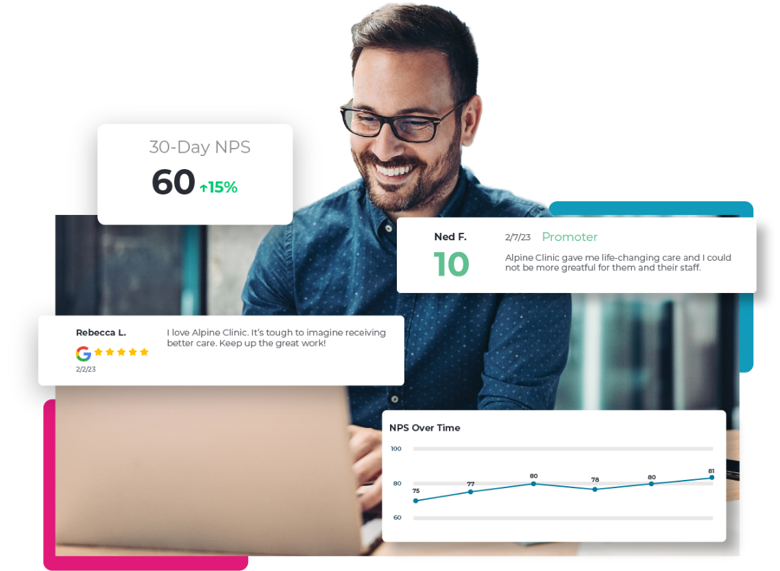 A man looking at his laptop that shows performance metrics of how his Net Promotor Score is.