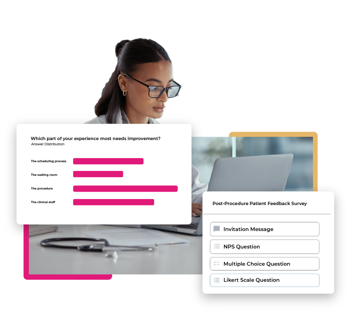 A woman looking at her laptop that shows how to build a survey for customers to fill out.