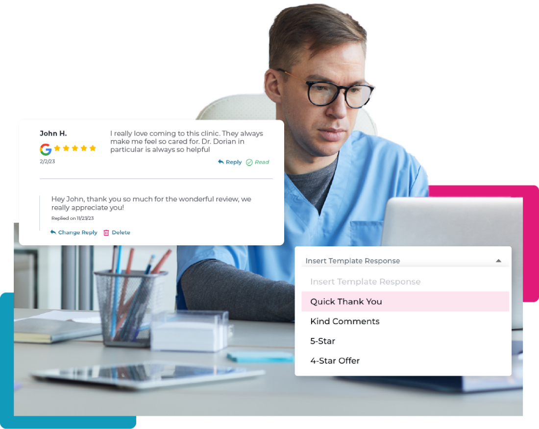 Doctor looking at his laptop, deciding what type of templated response he'll make to a review a customer left.