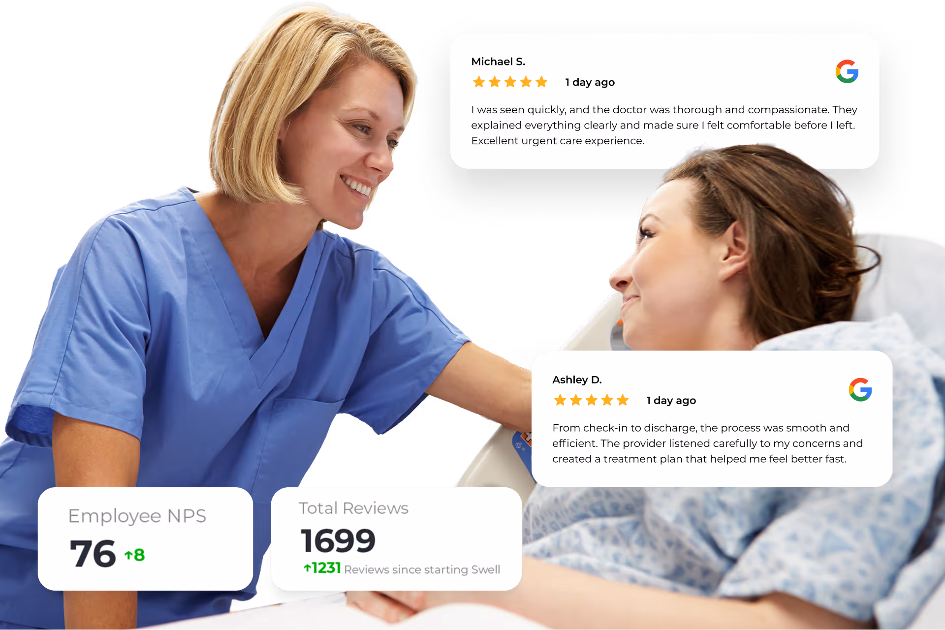A patient at an urgent care getting treatment. There are reviews telling how they did.