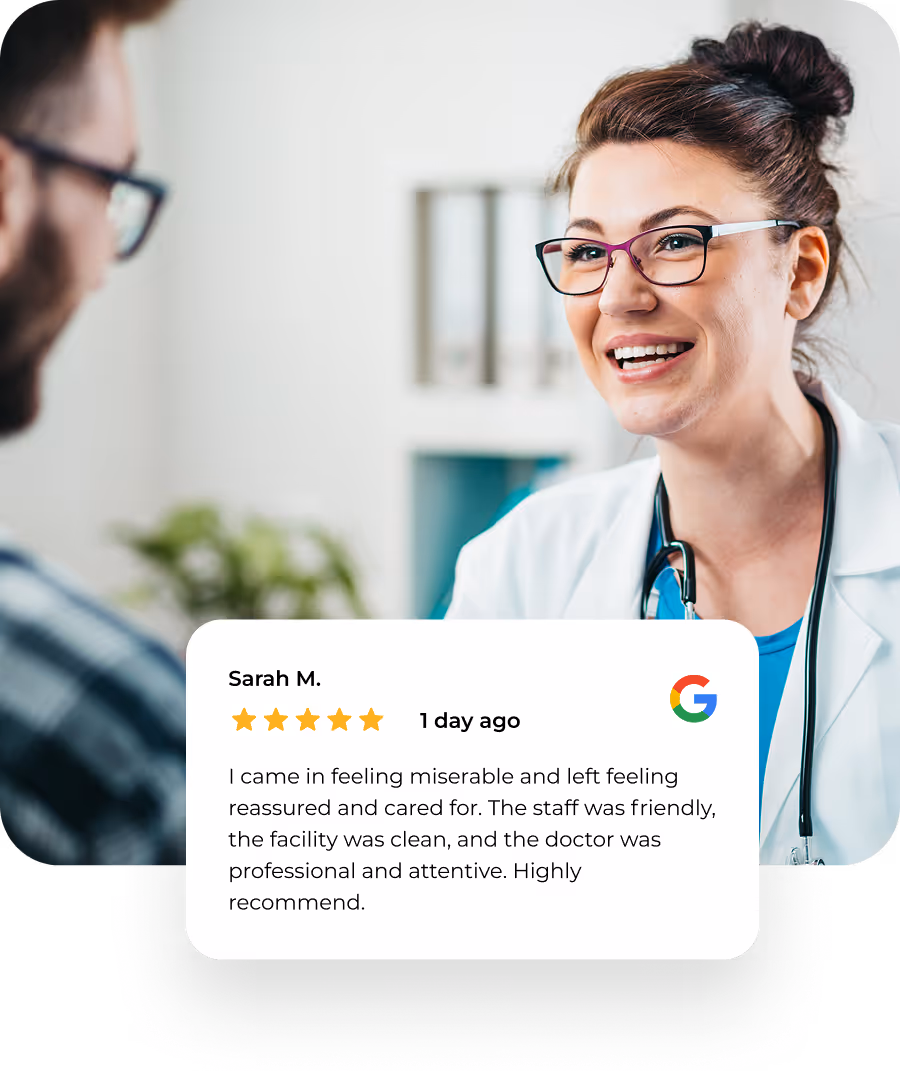 A patient at an urgent care center. A review UI is there telling us what he thought.