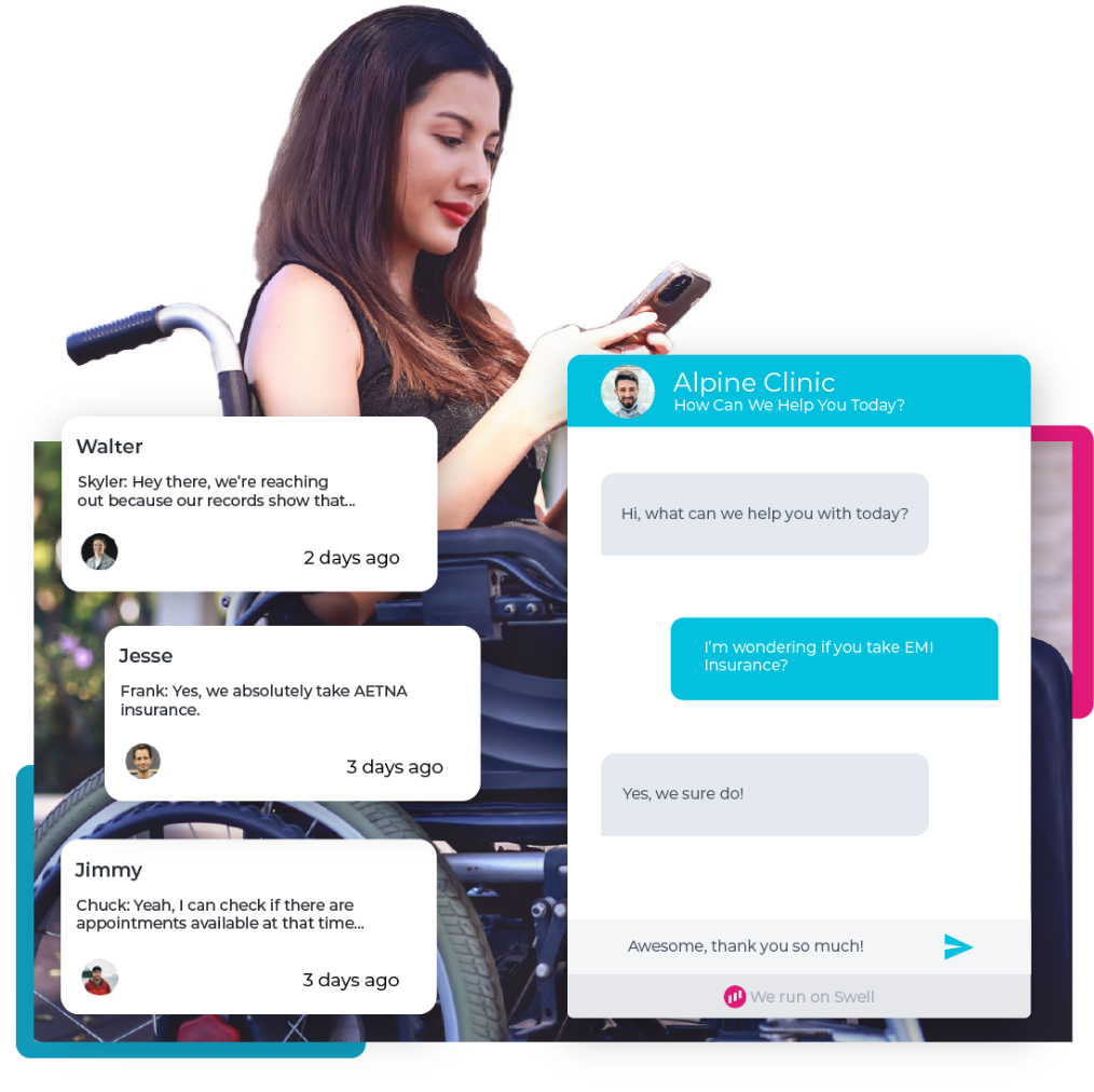 A woman looking at her phone that shows text messages sent back and forth from her and her medical provider about an insurance question she has.